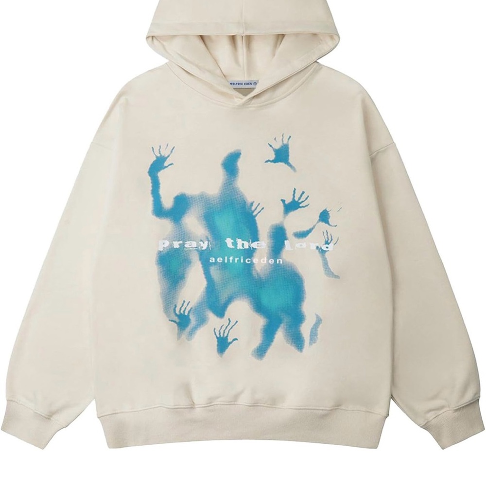 Aelfric Eden Beige Hoodie with Blue Abstract Design